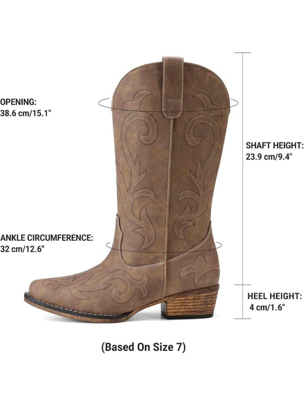 Women's Camel Faux Leather Western Embroidery Stitched Mid Calf Cowgirl Boots - Picture 4 of 6